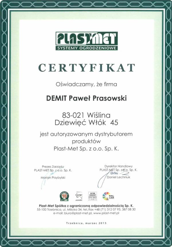 Certyfikat PLAST-MET